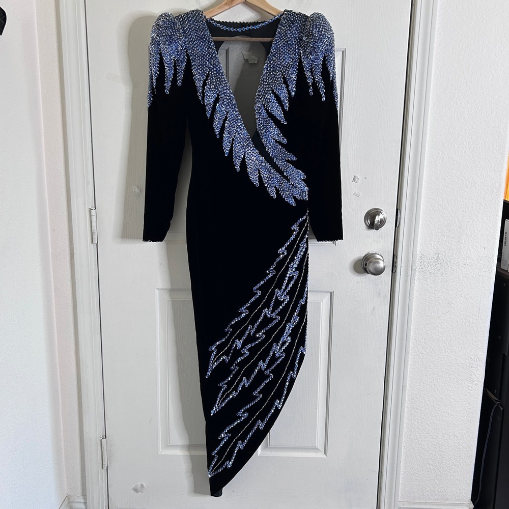 Vintage Cache Sequin Velvet Gown Women's S Black Blue 80s Glam Asymmetrical Hem